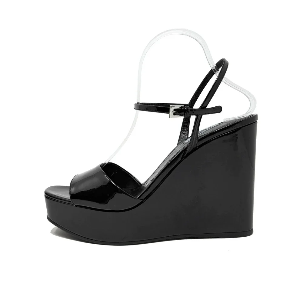 Prada Black Patent Leather Platform Wedge Sandals‎ Size 41 Ankle Strap Heels